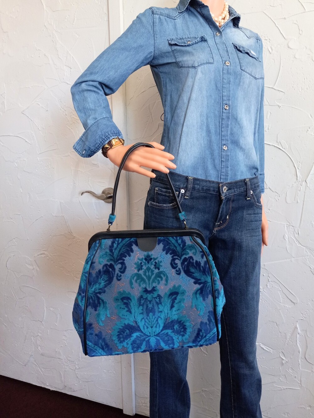 Carpet Frame Bag-Mary Poppins, Burnout Damask Velvet Satchel